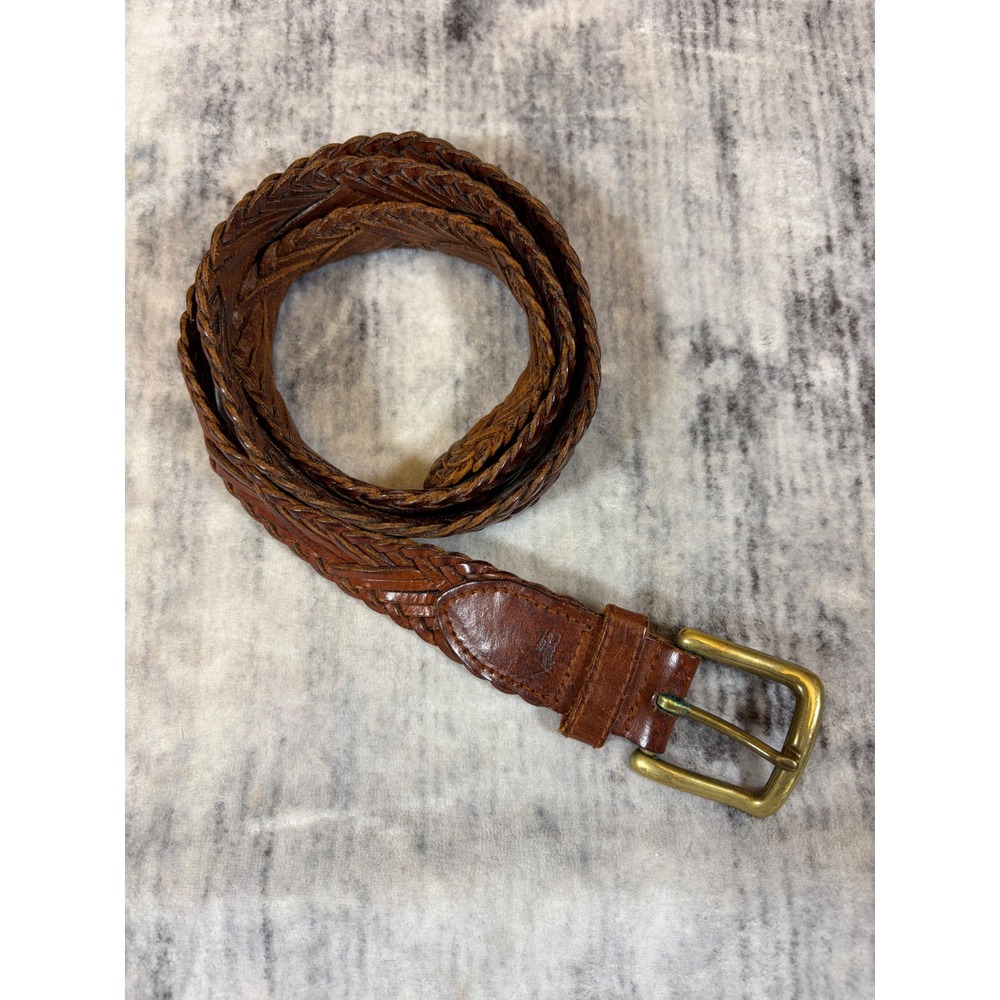 Polo Ralph Lauren Braided Leather Belt Brown Solid Brass Buckle Size 34 85